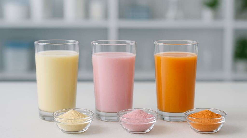 a variety of different colored drinks in a row