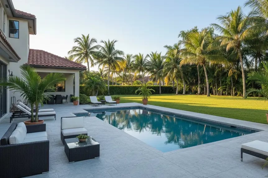 A clean stamped concrete patio and pool deck in Plantation, Florida