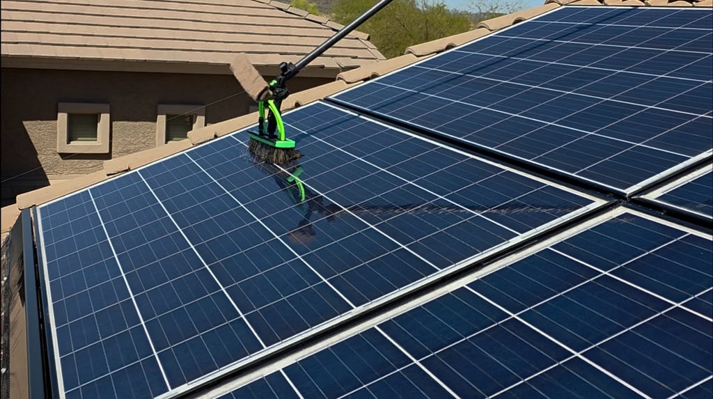solar panel cleaning with brush on a pole