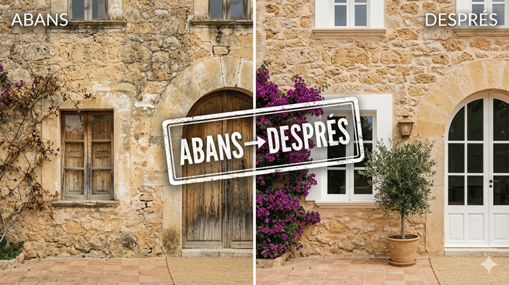 Before and after restoration of a rustic stone house facade with renovated windows and door.