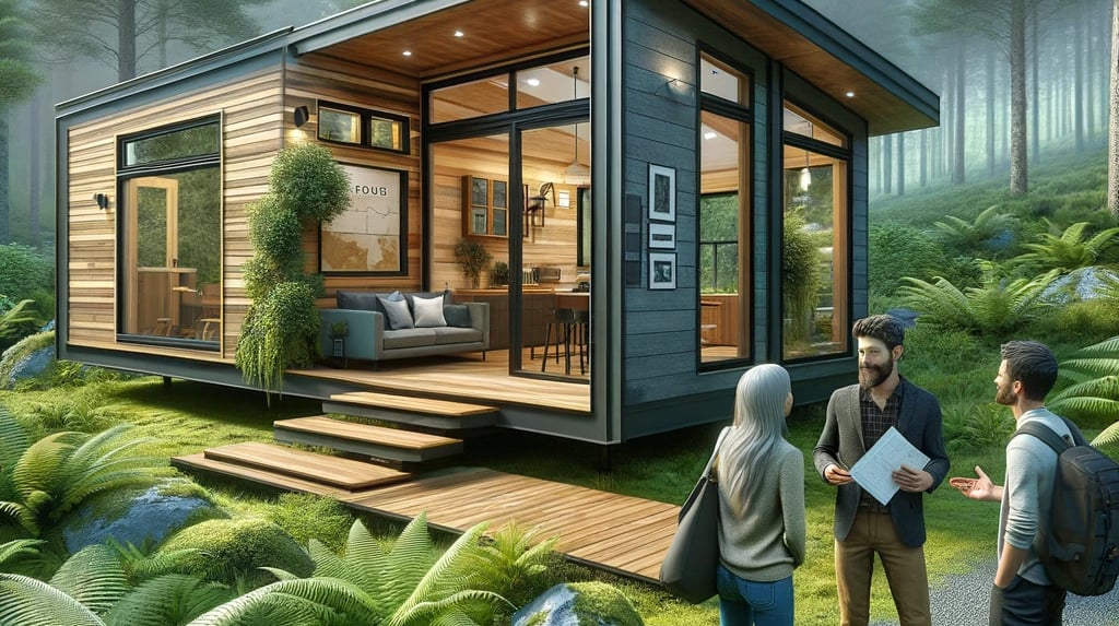 Crossroad tiny homes and cabins in forested backgroud
