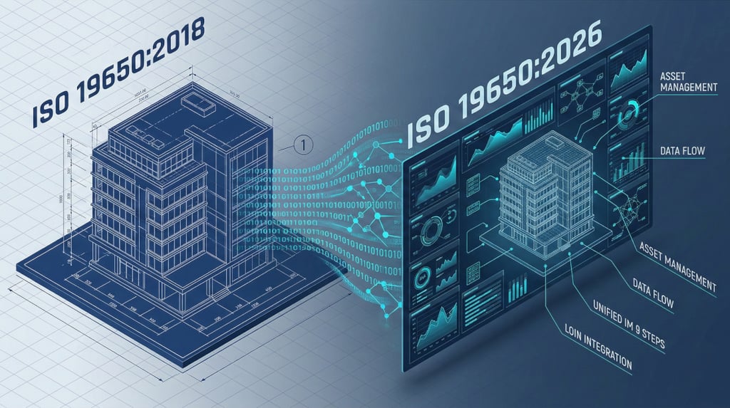 Infographie technique ISO 19650 transition BIM vers Data Management Luxembourg.
