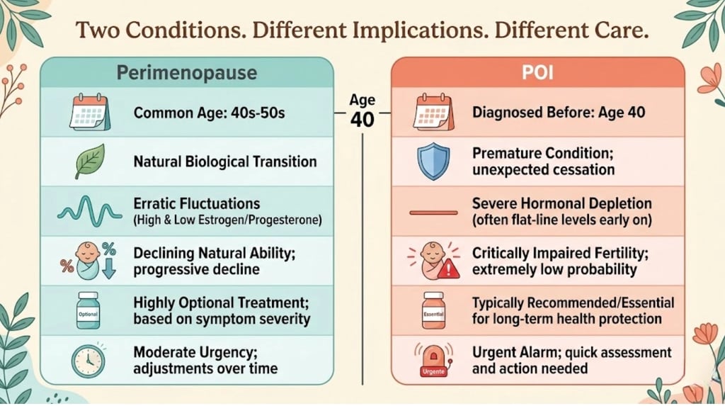 Infographic comparing perimenopause and premature ovarian insufficiency across age