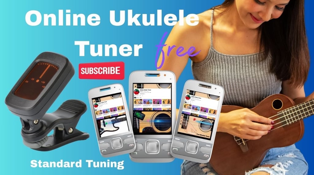 A woman playing a ukulele next to a digital clip-on tuner and smartphones showing a free online ukulele tuner app.