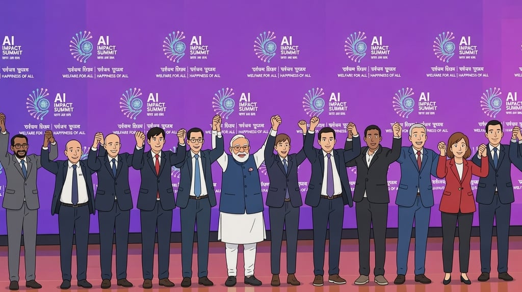 Cartoon of PM Modi and AI CEOs (Sam Altman, Dario Amodei & others) raising hands at India AI Impact