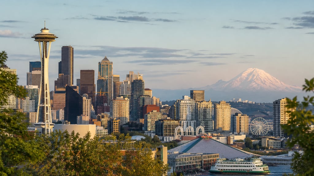 Seattle skyline featuring the Space Needle and Mount Rainier under a sunset sky.