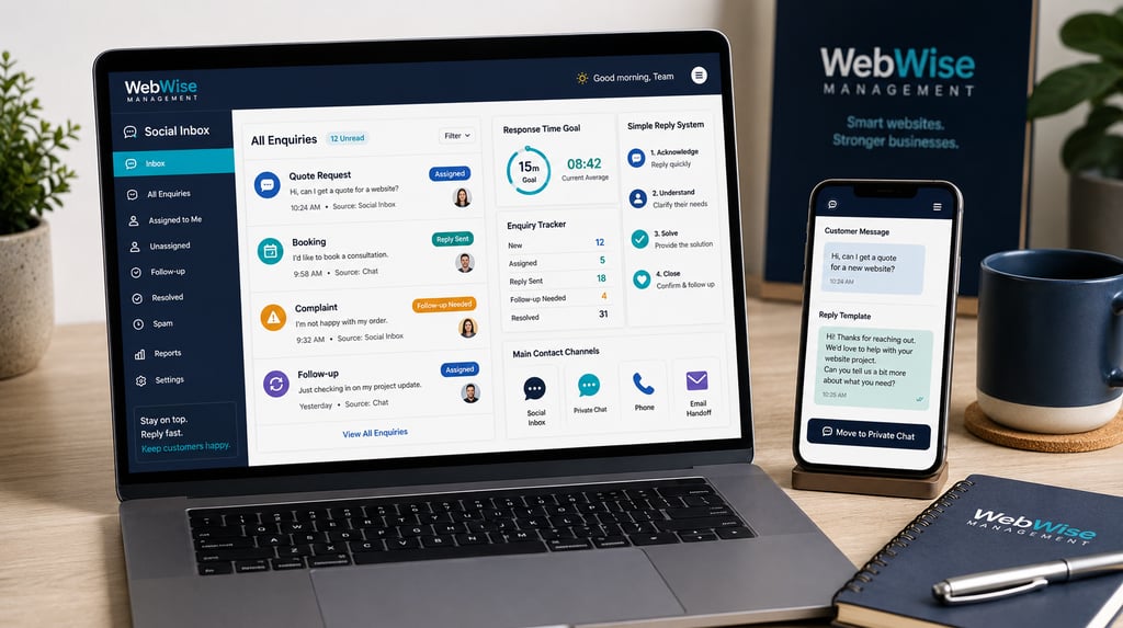 A laptop and tablet display the WebWise Management inbox and customer service software, showing inquiry tracking and