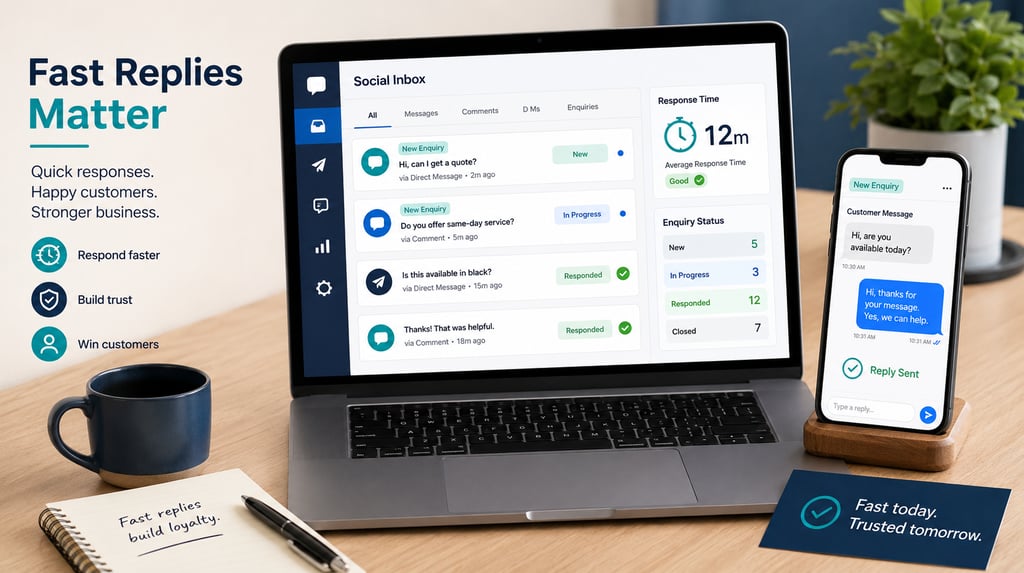 A laptop and smartphone displaying a social media inbox dashboard for customer service response management.