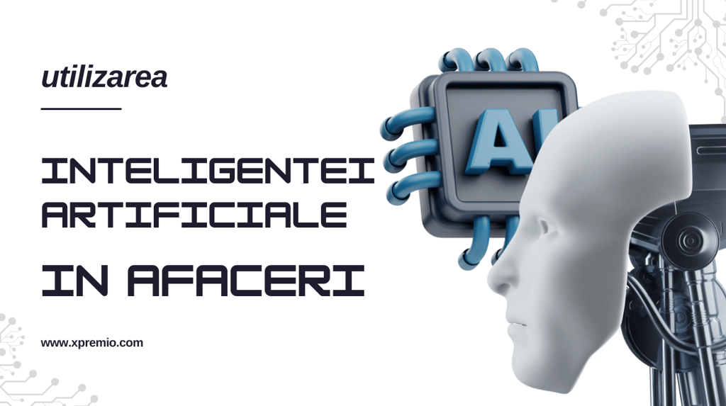 Ilustratie futurista cu un cap robotic si un cip marcat AI reprezentand utilizarea inteligentei artificiale in afaceri pentru