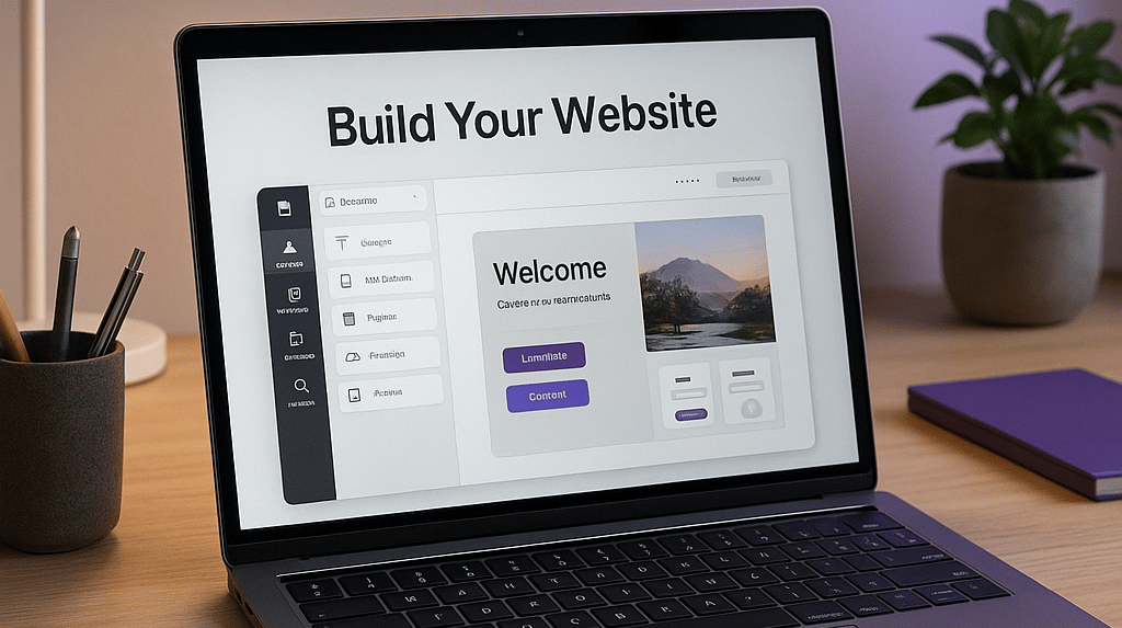 a laptop computer sitting on a desk with a lamp