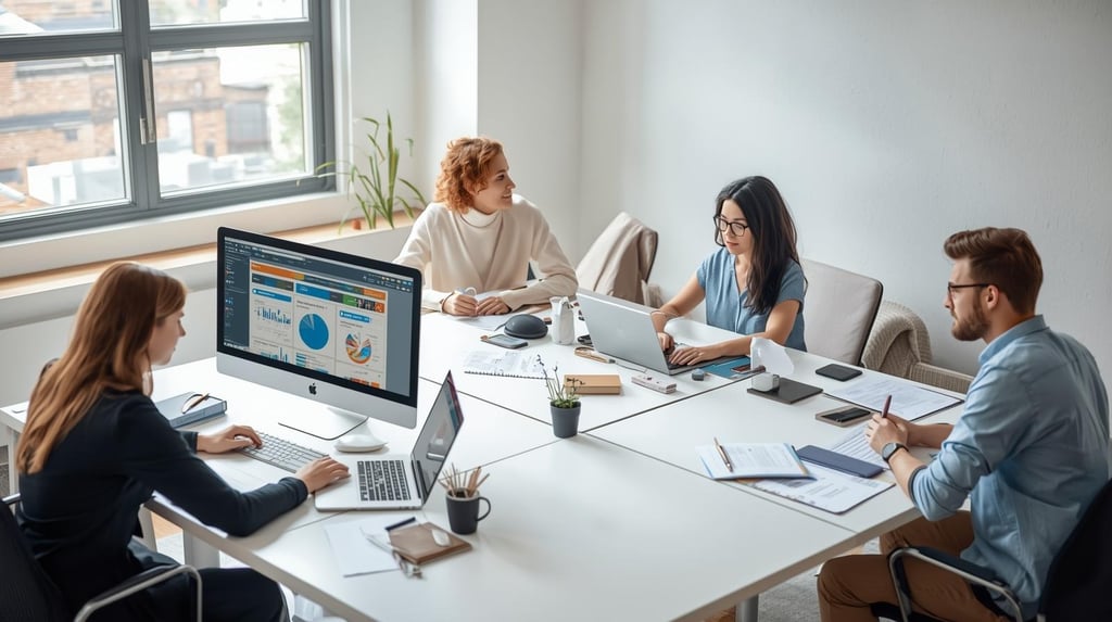 Three professionals using Prompt Genie across different AI platforms in modern workspace