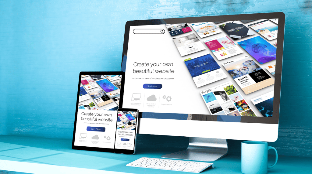 a computer monitor and a tablet computer displaying create your own beautiful website
