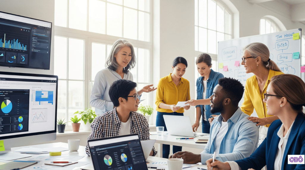 Diverse team collaborating in modern office.