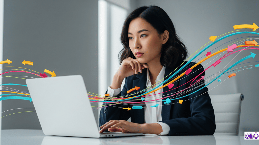 Person at computer with strategic visuals.