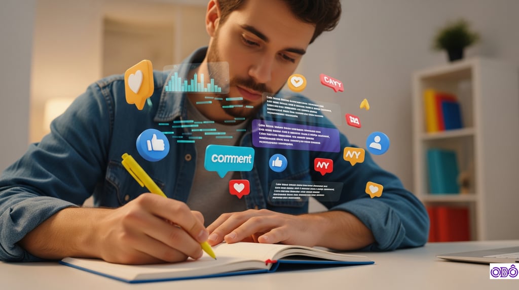 Person writing, digital content elements.