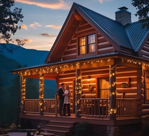 a couple standing on a porch with a mountain view