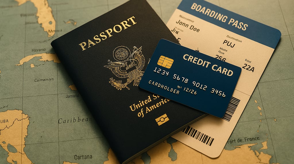 a passport and a credit card on a map
