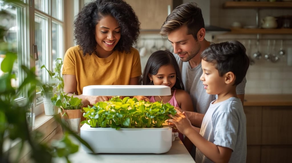 Family in kitchen tending small-space hydroponic system