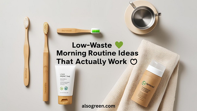 Eco-friendly morning essentials, such as a bamboo toothbrush, a reusable coffee cup, and zero-waste