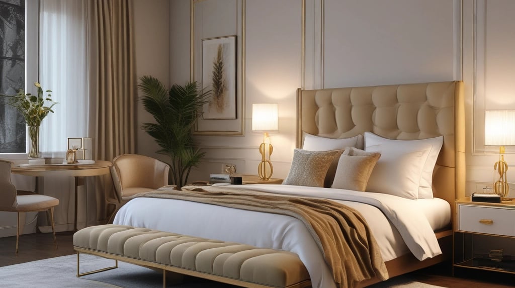 a bedroom with a bed, a chair, and a touch of gold