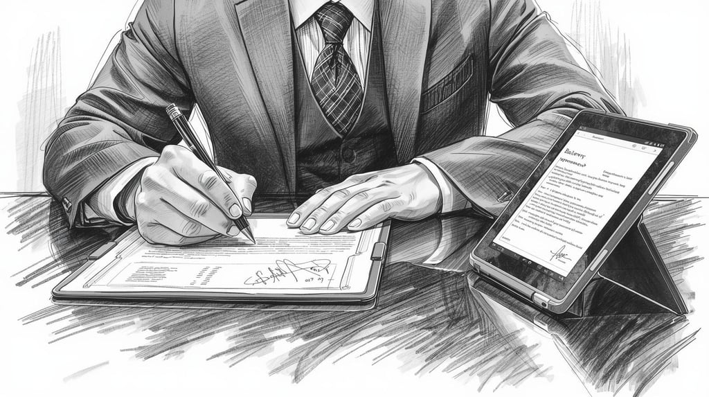 A professional in financial office signing a formal document, with the same refined signature