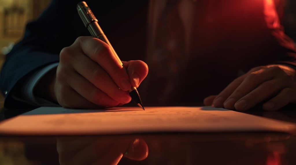 A composed professional signing an important document, with a calm posture and a clearly visible ref
