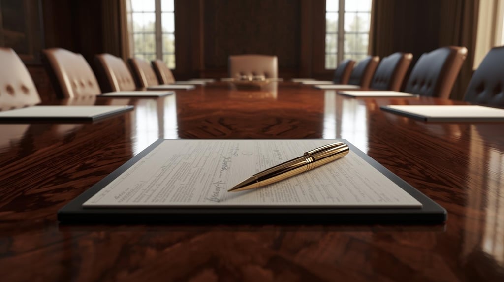 Elegant boardroom table with signed executive documents, luxury pen, and soft natural light.