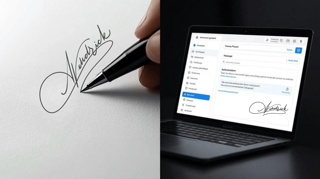 A side-by-side scene showing a handwritten signature on paper and the identical signature on screen