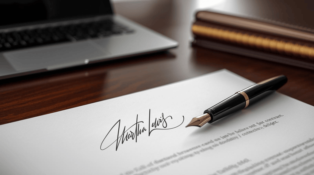 A fountain pen rests on a signed legal document on a mahogany desk near a laptop.