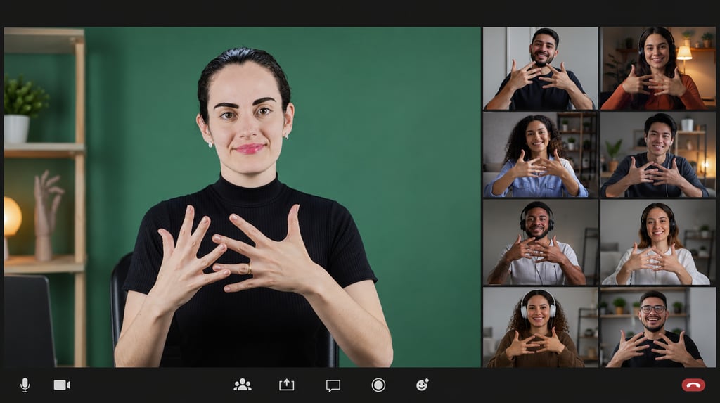 Aula online de libras a professora faz o sinal e os alunos conectados imitam