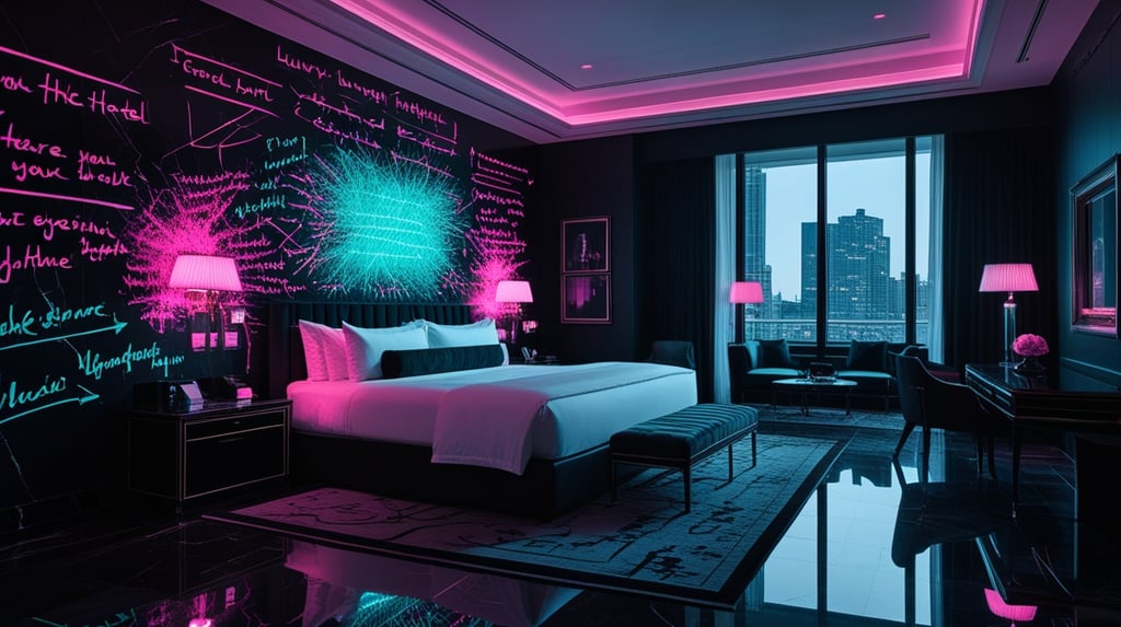 Modern luxury hotel room with neon pink and blue lighting and artistic wall graffiti.
