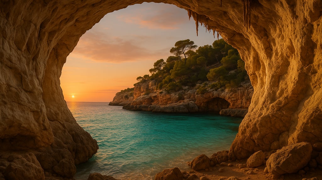Vista evocadora desde el interior de una cueva marina en Mallorca, enmarcando una cala de aguas turquesas y un cielo dorado
