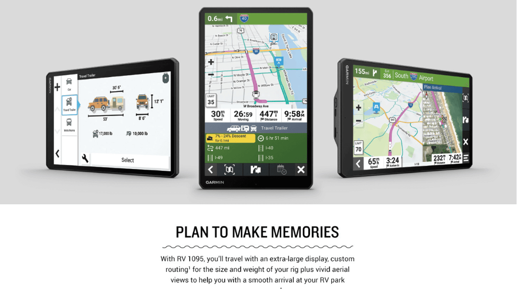 Garmin RV 1095 displaying an RV-safe route, considered one of the best RV GPS 2025 options.