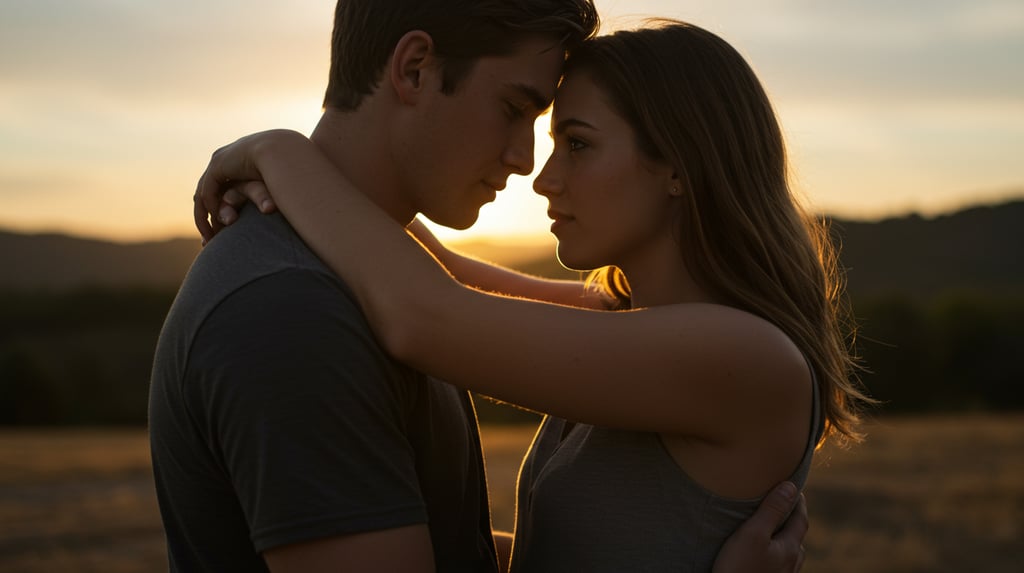 a man and woman embracing in the sunset