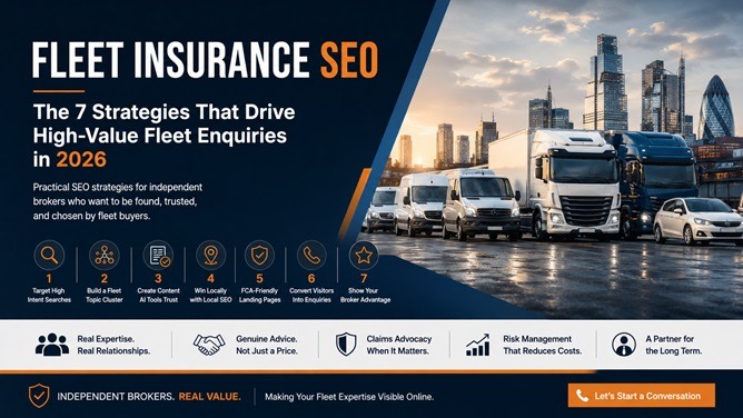 Fleet insurance SEO infographic showing commercial vans and trucks in London skyline with strategies