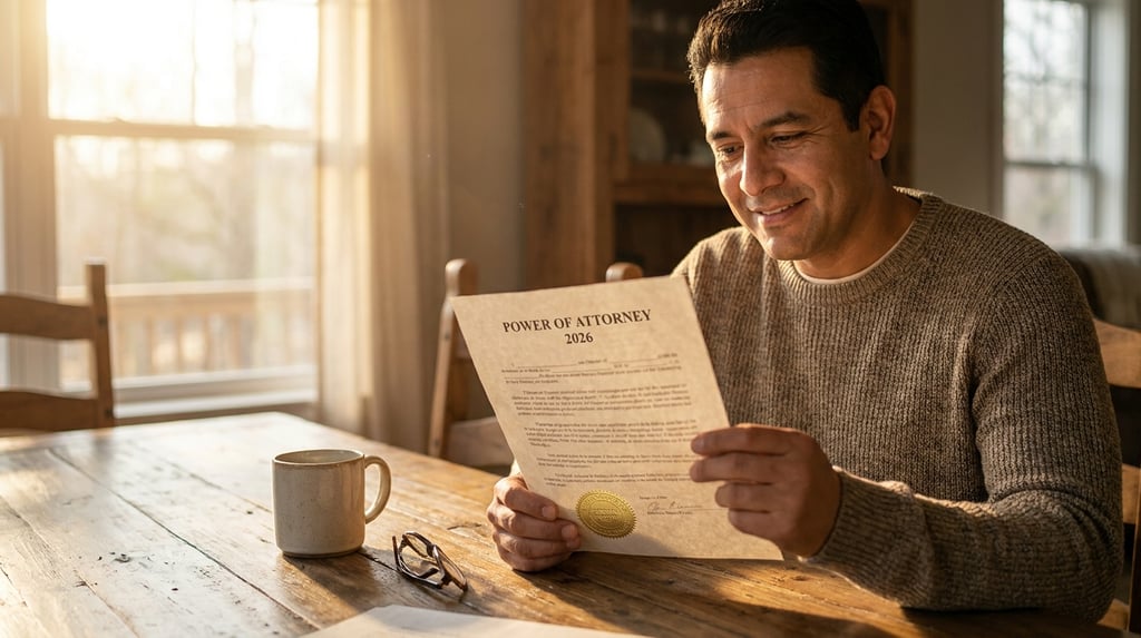 Hombre hispano en casa revisando un documento de Carta Poder notariado