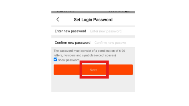 Screenshot of a mobile app screen to set login password with an orange next button highlighted