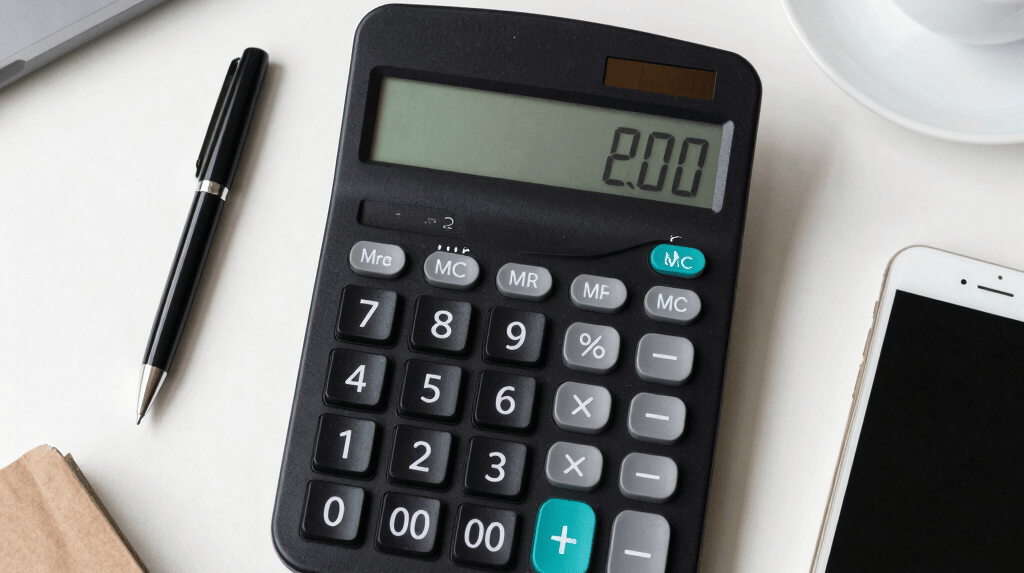 Desktop workspace with a black calculator, smartphone, and coffee cup for financial planning.