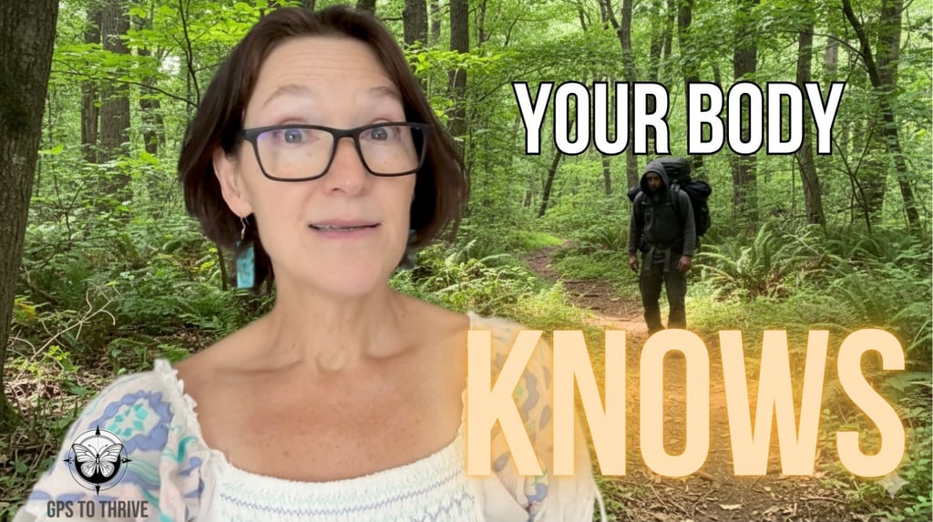 a woman with glasses and a hiker in the woods
