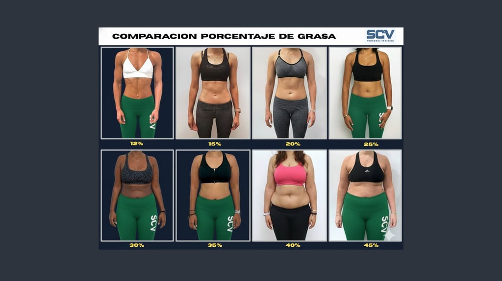 Comparación de grasa corporal femenina (12% a 45%). Muestra la variación en la apariencia física.
