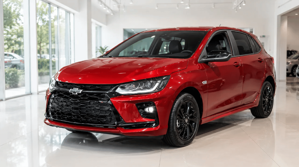 Chevrolet Onix LTZ vermelho em showroom moderno com piso claro e paredes de vidro