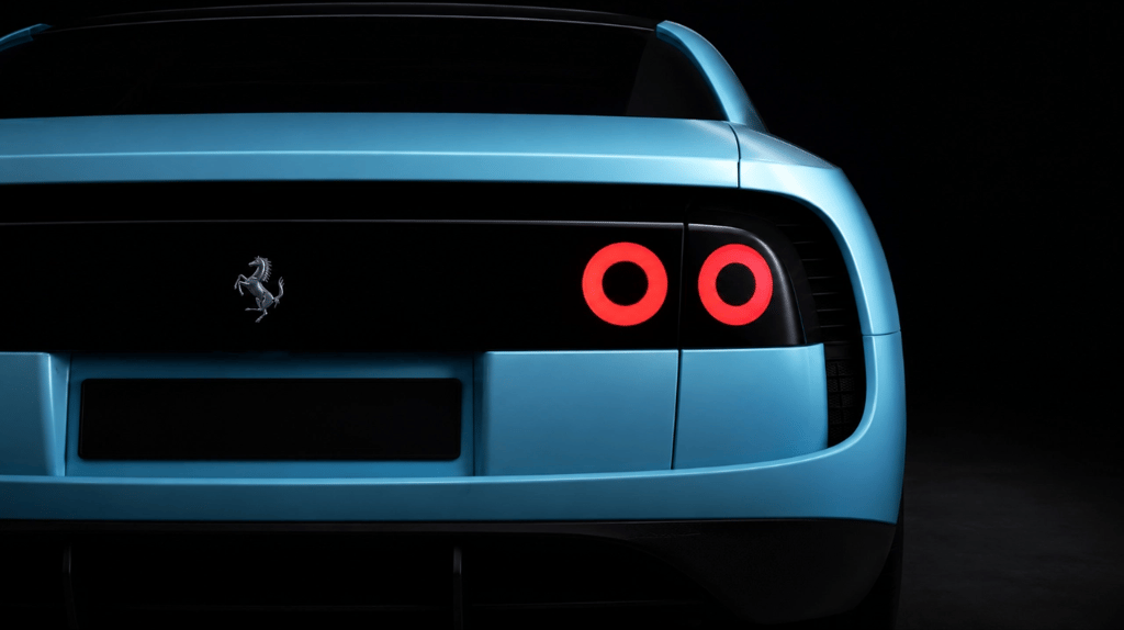 Traseira do Ferrari Luce elétrico em azul claro destaca lanternas circulares iluminadas