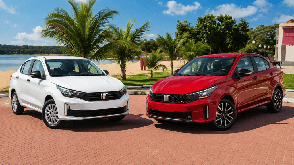 Fiat Cronos Drive branco e Precision vermelho lado a lado em comparativo de versões