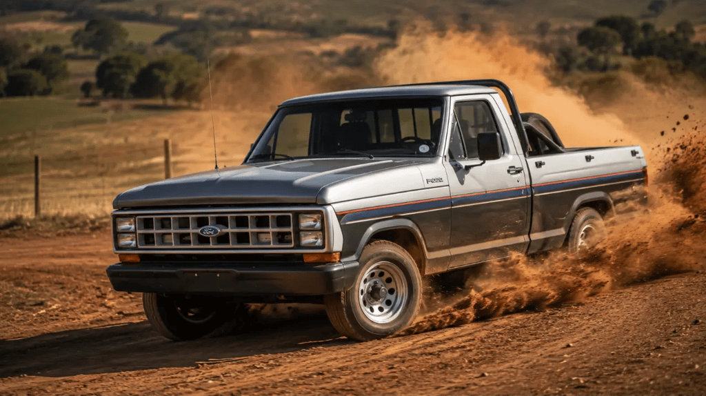 Ford F-1000 antiga derrapando em estrada de terra com poeira levantando ao fundo