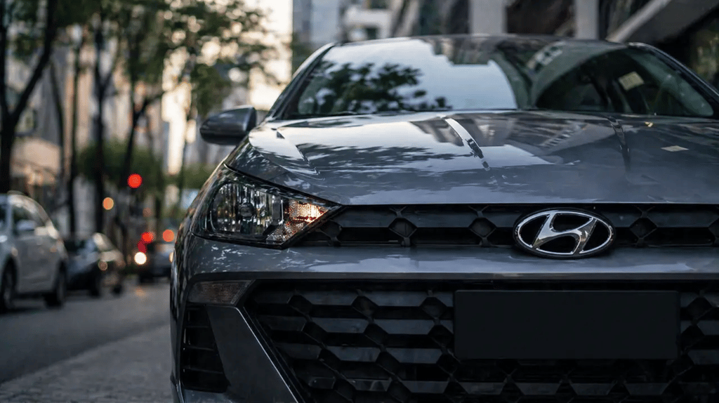 Hyundai HB20 em close na grade frontal estacionado em rua urbana no Brasil
