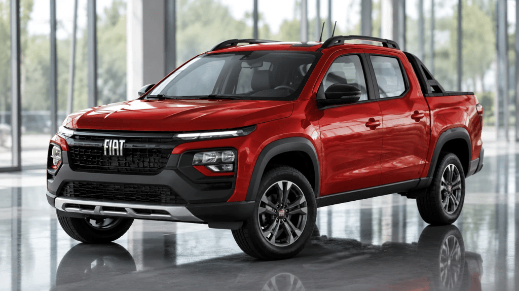 Projeção da nova Fiat Strada híbrida vermelha em showroom moderno