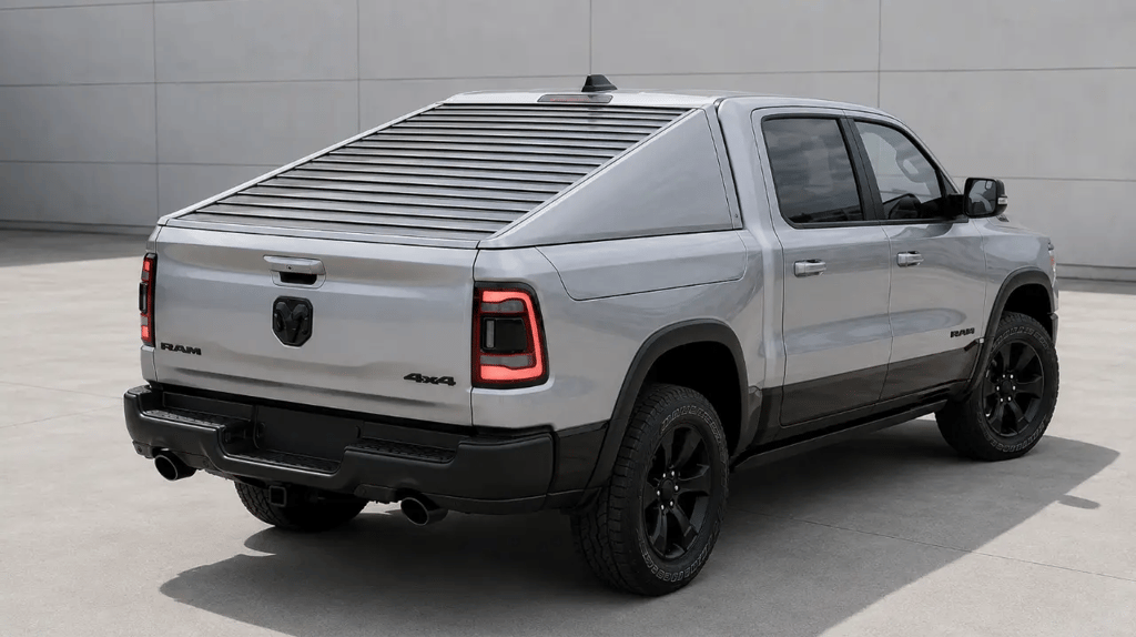 Ram 1500 com tampa aerodinâmica inclinada criada para reduzir o arrasto do ar.