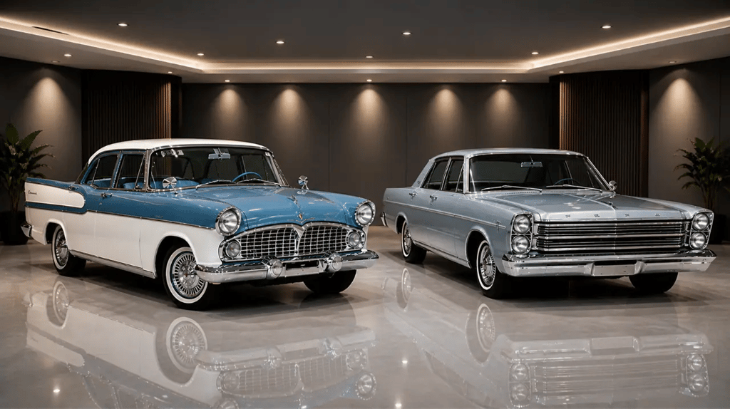 Simca Chambord e Ford Galaxie em showroom com piso brilhante, carros clássicos lado a lado