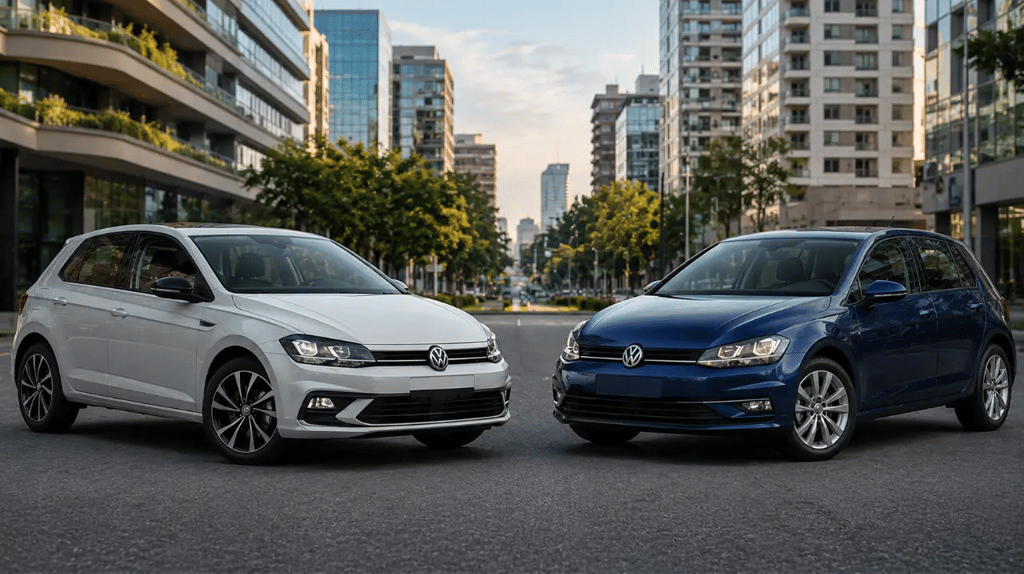 Volkswagen Polo Highline 2024 e Golf Comfortline 2019 frente a frente em cenário urbano
