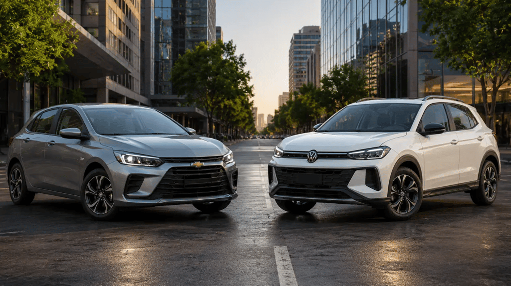 Chevrolet Onix Eco e Volkswagen Tera frente a frente em ambiente urbano